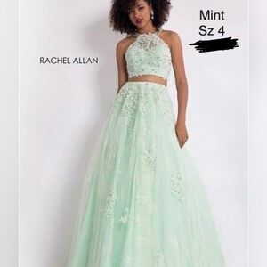 Hand beaded Rachel Allan Mint Two-Piece Lace Ballgown skirt PROM Set